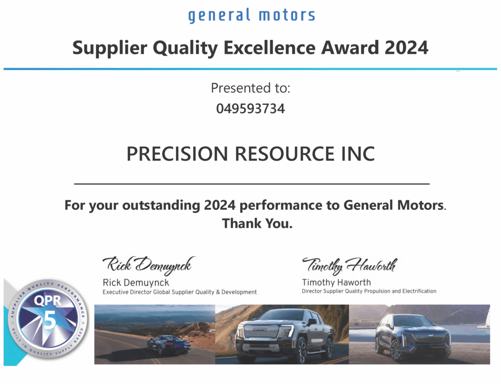 Certificate displaying the 2024 GM Supplier Quality Excellence Award presented to Precision Resource Inc. (DUNS: 049593734), with GM logo, formal text, and signature.