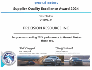 Certificate displaying the 2024 GM Supplier Quality Excellence Award presented to Precision Resource Inc. (DUNS: 049593734), with GM logo, formal text, and signature.