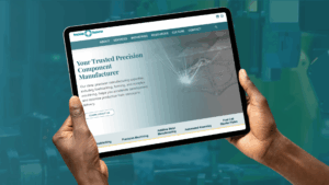 Tablet displaying the new Precision Resource homepage with sections for fineblanking, precision machining, and additive manufacturing.