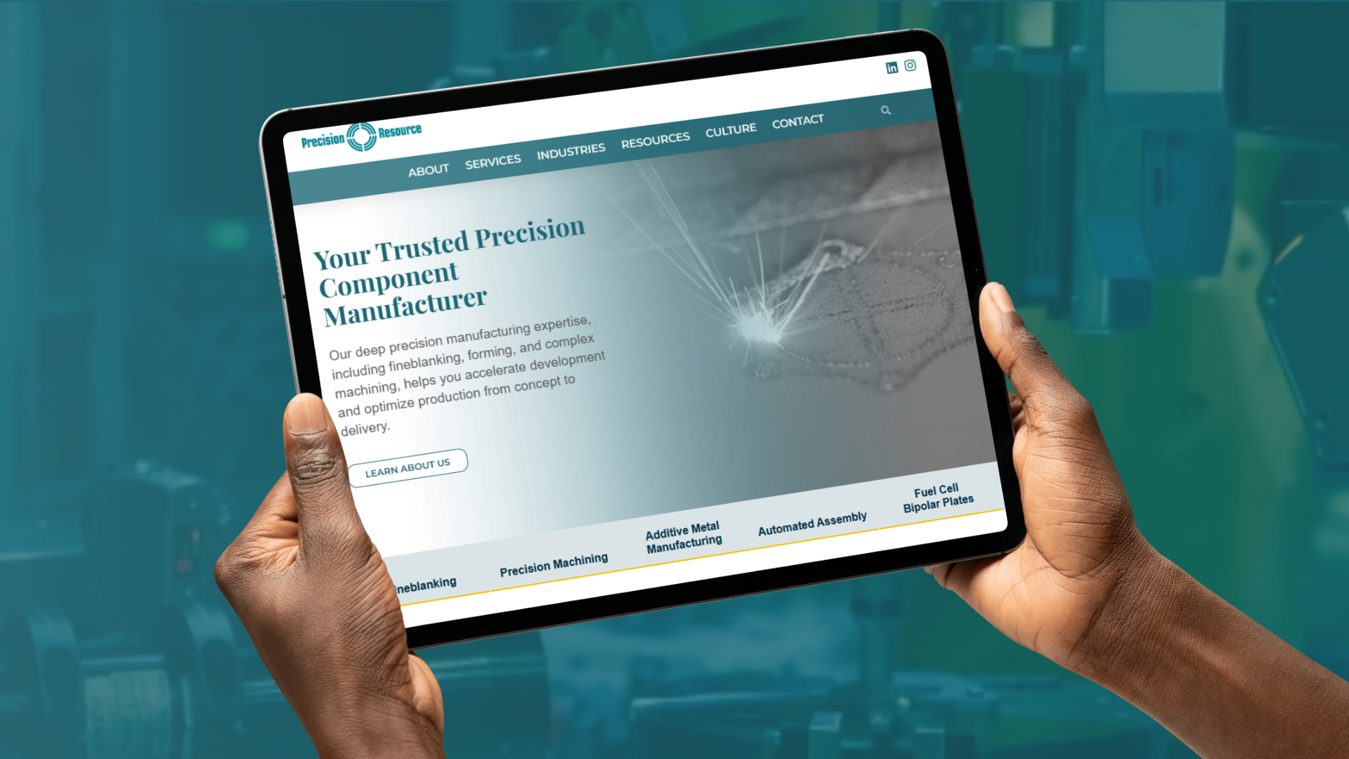 Tablet displaying the new Precision Resource homepage with sections for fineblanking, precision machining, and additive manufacturing.